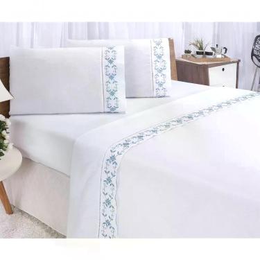 Imagem de Jogo Lençol Veneza Quarto Casal King Bordado 4 Peças 2fronha Cor: Branco Com Azul