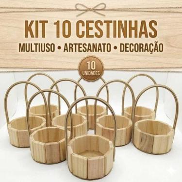 Imagem de Kit 10 Cestinha Mini Madeira Pinus 11cm Redonda Decorativa Lembrancinh