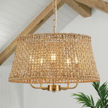 Imagem de YOMECOO Lustre de vime tecido à mão vintage casa de fazenda boho lustres de bambu luminária retro tambor vime vime lustre dourado para sala de jantar, cozinha, sala de estar