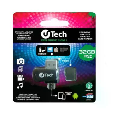 Imagem de Pen Drive 3 em 1 U-Tech 32GB com Cartão Micro SD