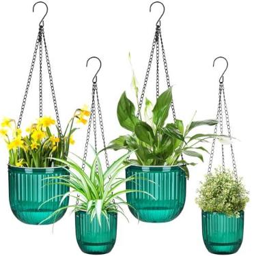 Imagem de Maxcheck 4 peças de 16,5 cm 11,5 cm vaso de flores suspenso com irrigação automática para plantas de interior vaso de plástico para pendurar em ambientes internos e externos cesto de plantas com orifício de drenagem e ganchos