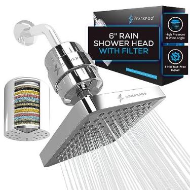 Imagem de Conjunto de chuveiro de luxo filtrado com filtro de 23 estágios – Remove cloro e metais pesados – Filtro de chuveiro de alta pressão da SparkPod (quadrado de 15 cm, cromo polido luxuoso)