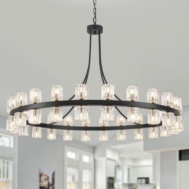 Imagem de WBinDX Lustre Redondo Preto Moderno De 48'', Lustres De Cristal Elegantes De 48 Lâmpadas Para Sala De Jantar, Lustre Grande De Roda De Carroça Com Cúpula De Vidro Para Sala De Estar E Teto Alto Na