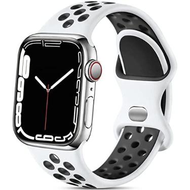 Imagem de Pulseira esportiva de silicone de substituição Lerobo compatível com Apple Watch 9, 8, 7, 6, 5, 4, 3, 2, 1, SE e Ultra 2 de 49 mm, 45 mm, 44 mm e 42 mm, macia, unissex, branca/preta, M/G