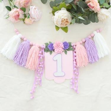 Imagem de HODIHIWI Banner de cadeira alta feito à mão com flores silvestres 1º aniversário, roxo, rosa, tema floral, decoração de festa para meninas, tapeçarias de parede decorativas