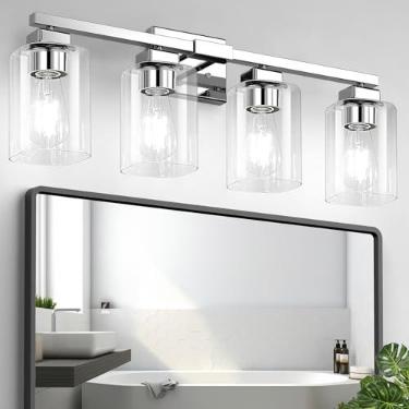 Imagem de BesLowe Luminária de banheiro com 4 luzes, luminária moderna cromada para banheiro, luminárias de banheiro sobre espelho, luminária de parede cromada fosca, luzes de parede para sala de estar quarto