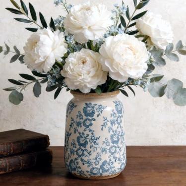 Imagem de Ronasip Vaso de cerâmica chinoiserie vintage azul e branco, design floral de peônia pintado à mão de 17,5 cm, vasos de estilo antigo para decoração de casa, centros de mesa, sala de estar, varanda
