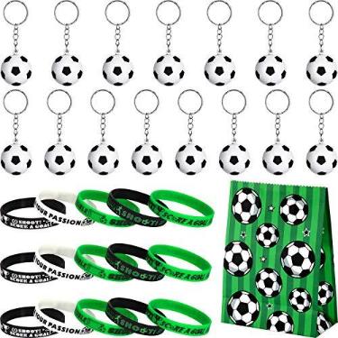 Imagem de Conjunto de 46 peças de artigos de festa de futebol inclui 15 chaveiros de futebol, 16 pulseiras de silicone motivacionais de futebol, 15 peças de sacos de lembrancinha de festa de futebol para lembrancinhas de festa de presente