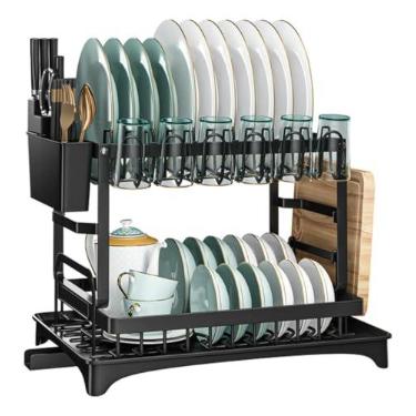 Imagem de Escorredor De Louça Prato Cozinha 2 Andares Inox Bandeja Grande Moderno Preto - Com Porta Pratos Talheres Copos (C)