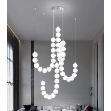Imagem de Lustres modernos com luz LED regulável, bolas de acrílico, iluminação pendente de teto para sala de estar, sala de jantar, quarto, luzes suspensas ajustáveis, lâmpada prateada de 90 watts