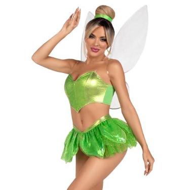 Imagem de Leg Avenue 5 peças Rebel Fairy, inclui top cropped com barbatanas brilhantes com alças transparentes removíveis, calcinha com saia de pétala de glitter, asas iridescentes e fita de cabelo, verde
