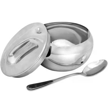 Imagem de Açucareiro Bene Casa Inox com Colher 100% Aço Inoxidável Resistente à Corrosão para Cozinha e Mesa Posta Inox 300ML
