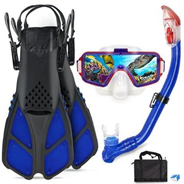 Imagem de AosDero Conjunto De Mergulho Com Snorkel Infantil, Nadadeiras Ajustáveis + Máscara Panorâmica Tubo Seco Bolsas Viagem, Equipamento Adequado Para Crianças, Jovens E 5 A 14 Anos