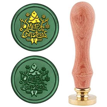 Imagem de Carimbo de selo de cera CRASPIRE Merry Christmas, selo de cera de neve, carimbo de árvore de natal, chifre, carimbo de madeira retrô, selo de cera, 25 mm, alça de cabeça de latão removível para envelope de convites de festa