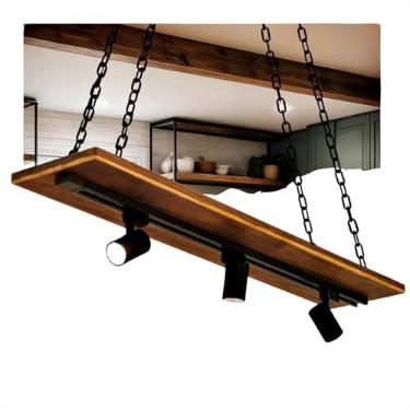 Imagem de Lustre Pendente Tábua Madeira Rústica Trilho 3 Spots Direcionáveis Corrente Ferro Iluminação Decorativa Estilo Industrial Minimalista (SPOT Branco Frio)