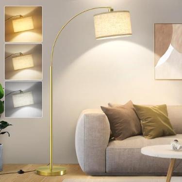 Imagem de Luvkczc Luminária de chão de arco, lâmpada de pé de 180 cm de altura com interruptor de pé liga/desliga, luminária de chão dourada para sala de estar com abajur de tambor ajustável, luz de leitura