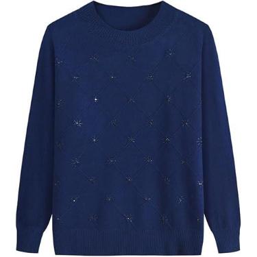 Imagem de Camisola Azul Marinho De Meia-idade Para Idosos Outono - Clássica Camisola De Tricô Para Mulheres Com Pulôver Para Mãe, Top De Malha De Avó Com Gola Redonda Quente E Robusta, As Shown, XL