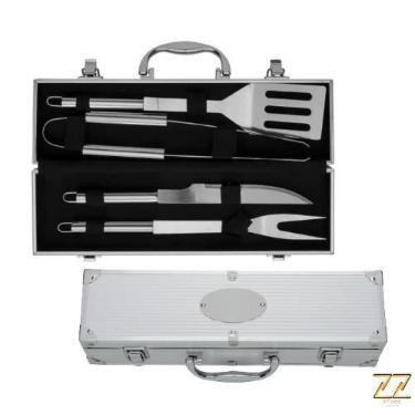Imagem de Kit Churrasco Aço Inox Faca Garfo Pegador Com Maleta Gourmet Presente 