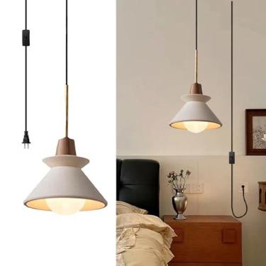 Imagem de WOSBO Luminária pendente de concreto com plugue de 19,6 cm, luminária pendente nórdica Wabi Sabi com detalhes de madeira luz pendente de cimento branco lâmpada minimalista para sala de estar cabeceira