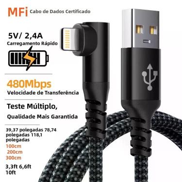 Imagem de Cabo De Carregamento De 90 Graus Para iPhone 1m 2m 3m USB Lightning Tr