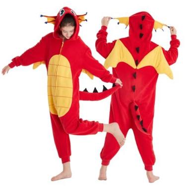 Imagem de Laahoem Pijama de dragão animal infantil unissex cosplay fantasia adolescente com capuz macacão vermelho PP