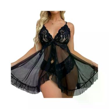 Imagem de Conjunto De Pijamas Com Vestido De Noite Transparente Em Renda Vermelh