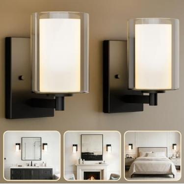 Imagem de Conjunto de 2 arandelas de parede, luzes modernas com cortina de vidro transparente dupla, luzes de parede de casa de fazenda pretas foscas para banheiro, sala de estar, quarto, lâmpada de corredor