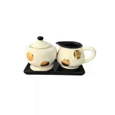 Imagem de Conjunto Açucareiro Leiteira e Bandeja 3 Peças em Porcelana com Fio e Bolas Douradas Branco BTC Decor