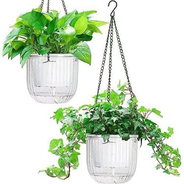 Imagem de Melphoe Pacote com 2 vasos de flores para ambientes internos, cesta de vaso para pendurar ao ar livre de 16,5 cm, cabide de plantas com 3 ganchos, orifícios de drenagem para jardim e casa
