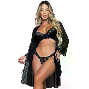 Imagem de Conjunto Lingerie WLS Modas Sem bojo e Robe Sexy em Renda e Tule Linha
