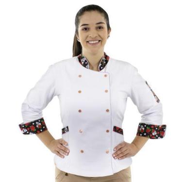Imagem de Dólmã Para Chef Cozinha Feminino 100% Algodão Branco Acinturada Estamp