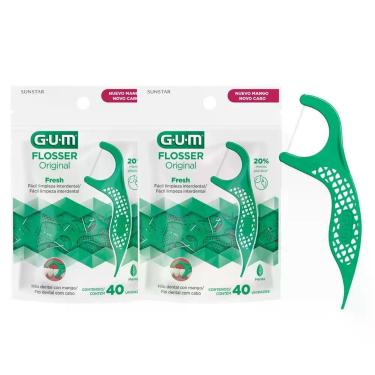 Imagem de Kit Fio Dental com Haste Flosser Gum Forquilha Verde Cabo Sabor Menta Acabamento Acetinado 80 Unidades