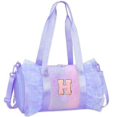 Imagem de RHCPFOVR Bolsa de dança com monograma personalizada para meninas – Mochila Oxford leve resistente à água para crianças de 3 a 8 anos para balé líder de torcida festa do pijama ginástica roxa H
