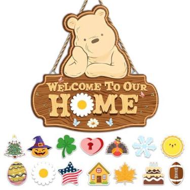 Imagem de Hatzelou Placa De Boas-Vindas Do Ursinho Pooh Para Decoração Porta, Com Feriado Intercambiável, Casa Fazenda, Perfeita Presente Inauguração