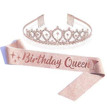 Imagem de Faixa de aniversário Queen e kit de tiara de strass - presente de aniversário de ouro rosa com purpurina, faixa de aniversário, lembrancinhas de festa de aniversário