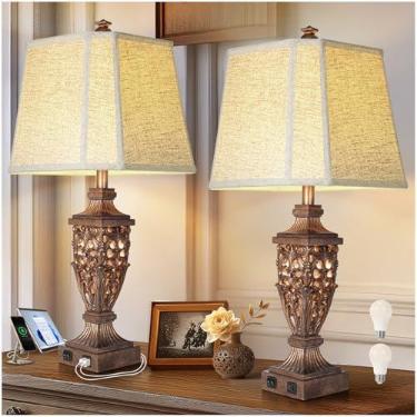 Imagem de Scenekoy Conjunto De 2 Abajures Mesa Vintage Bronze 28,5" Com Luz Noturna, Para Cabeceira, Abajur Canto Em Linho Bege, Cabeceira Portas Usb Ar Condicionado, Quartos, Sala Estar, Escritório, Hotel (L