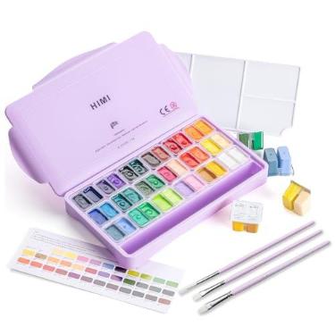 Imagem de HIMI Twin Cup Jelly Gouache Paint Set with 3 Paint Brushes, 36 Colors 12g, Jelly Cup Design, Non Toxic Paint for Canvas and Paper, Art Supplies for Professionals (Purple Case)