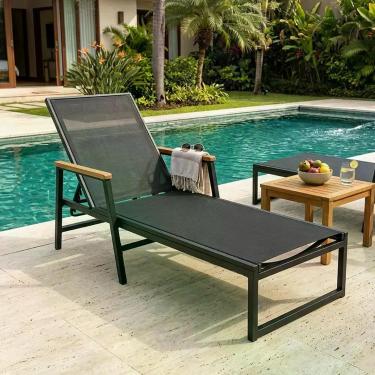 Imagem de Espreguicadeira em Tela Sling Design Moderno com Braco em Madeira Pret