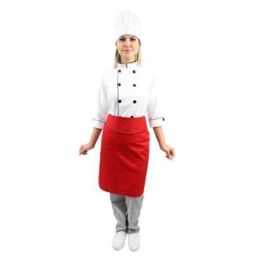 Imagem de Kit chef cozinha feminino Dolmã manga 3/4 + Avental vermelho + Chapéu 