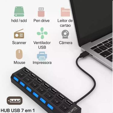 Imagem de Hub USB 2.0 7 Portas para Pendrive, HD Externo e Mouse  Compacto e Ráp