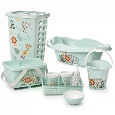 Imagem de Kit Luxo Bichinhos Para Bebê 9 Peças Banheira Cesto 38L Balde 8L Caixa