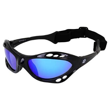 Imagem de Birdz Óculos de sol Seahawk acolchoados polarizados, jet ski, caiaque, esportes aquáticos, Jetski, com alça embutida, armação preta com lente espelhada azul