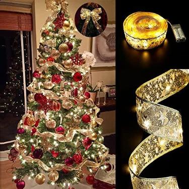 Imagem de GIHOO Decorações de árvore de Natal, cordão de luzes de 9,8 m, 100 luzes LED, fita de fio de cobre, laços para festas, casamentos, feriados, decorações de árvore de Natal (luz quente dourada alimentada por bateria)