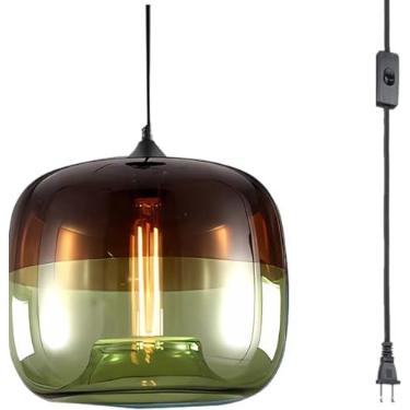 Imagem de SANDYHA Luminária Pendente De Vidro Marrom-Azulada Para Cozinha, Lustre Meados Do Século, Moderna Teto Com Encaixe Ilha, Sala Jantar E Entrada (Âmbar-Verde)