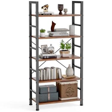 Imagem de DUMOS Estante de 5 níveis, estante de livros classicamente moderna, estante de livros, prateleiras de armazenamento na sala de estar/casa/escritório, organizador de livros para livros/filmes, marrom