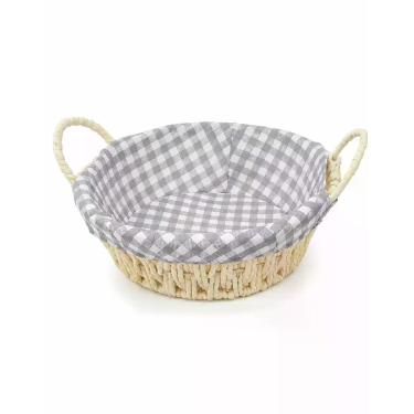 Imagem de Cesto de Vime Rústico com Forro Xadrez Gingham Cinza Decoração Versáti