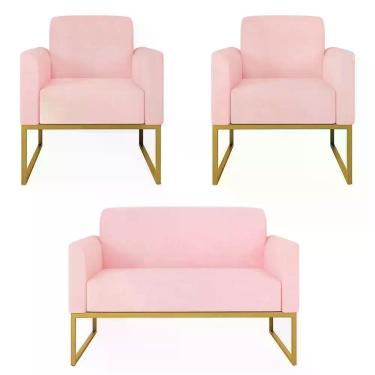 Imagem de Kit Namoradeira E 2 Poltronas Decorativas Base Industrial Dourada Mare