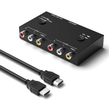 Imagem de RuiPuo Adaptador conversor RCA/AV para HDMI de 2 portas suporta 16:9/4:3 para reprodutores WII/N64/PS1/PS2/PS3/VHS/VCR/DVD etc. (2 AV em 1 saída HDMI)
