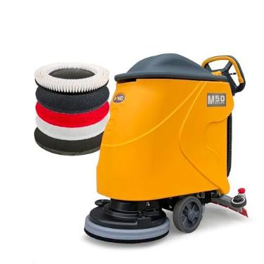 Imagem de Esfregador de piso comercial M50 para espaços estreitos - tanques de solução/sujeira de 45L, design ultra-silencioso, caminho de limpeza de 700 mm, inclui escova resistente, 3 pastilhas