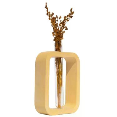 Imagem de Vaso Decorativo Solitário Retangular 16,5cm Artesanal Em Cimento Amarelo